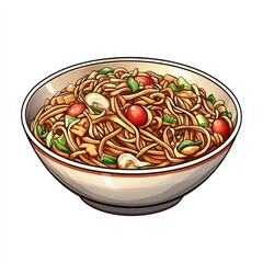 Chinese chow mein national cuisine dish isolated on white background, colorful cartoon illustration