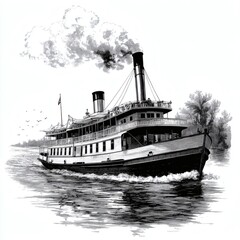 A black and white drawing of a steamboat on a river