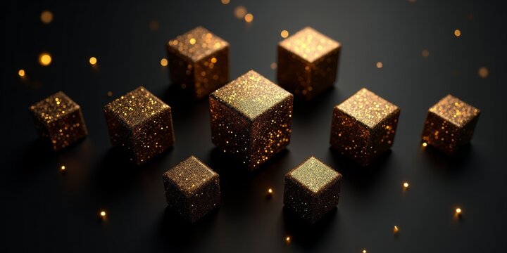 A cluster of 3D gold cubes, sparkling with intricate patterns and textures, set against a dark background