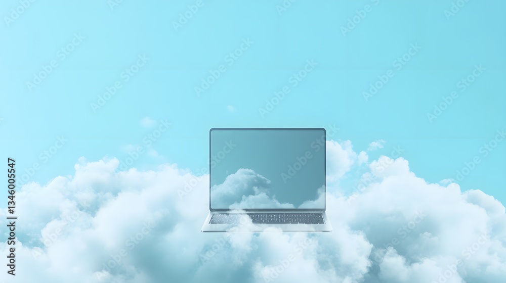 Poster Laptop floating in the clouds symbolizing cloud computing and technology