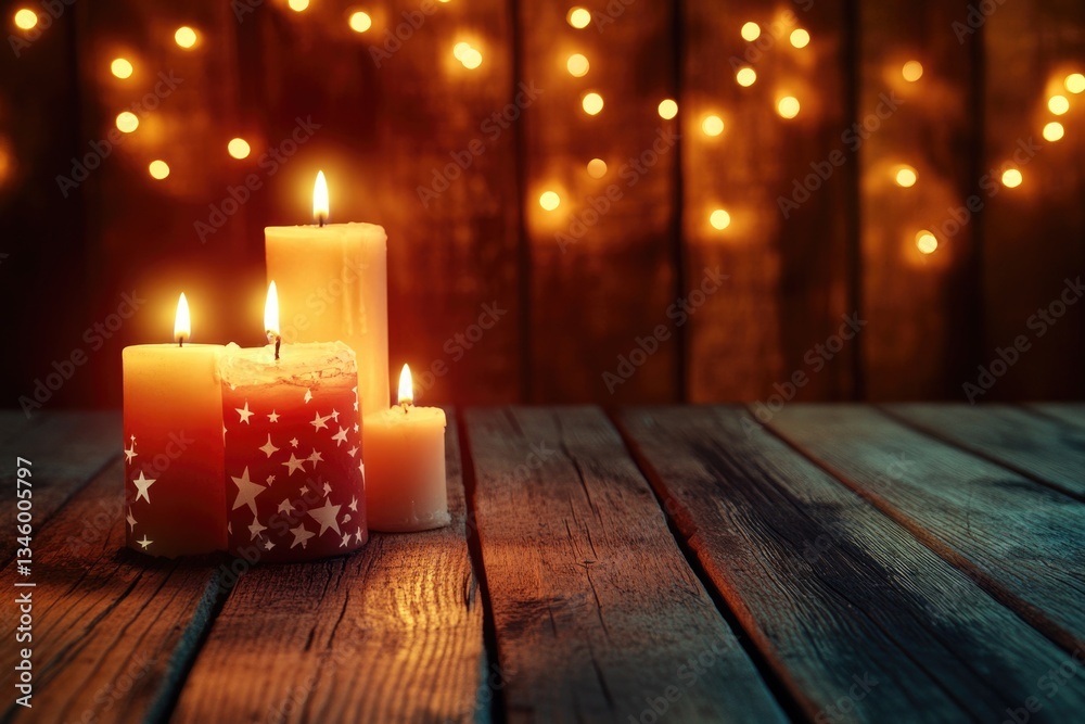 Poster candles light up a rustic table
