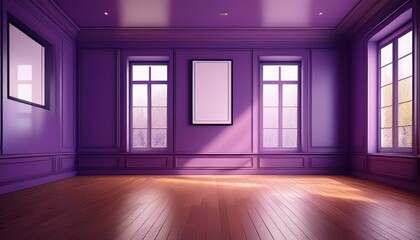 Obraz premium Purple empty living room with windows, parquet floor and mockup posters. Generated image
