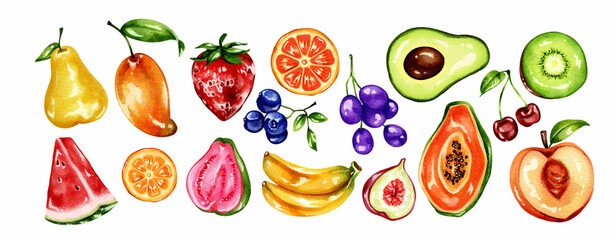 Set of Healthy Fruit Watercolor Illustrations