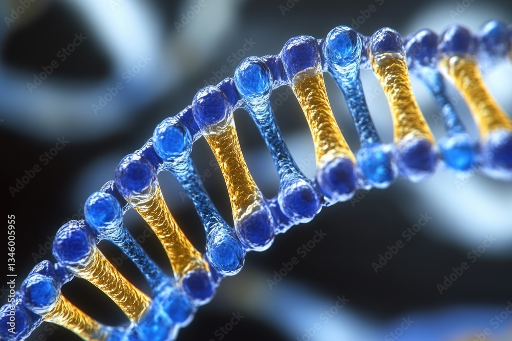 Poster a microscopic view of a double-stranded dna molecule with blue and yellow coloration, ideal for use 