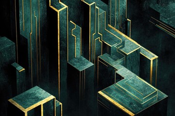 Abstract isometric illustration of dark teal geometric shapes with gold accents, creating a futuristic cityscape.