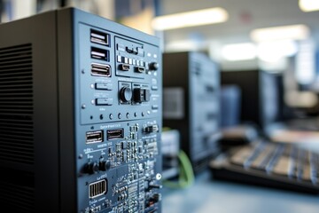 A close-up view of a computer on a desk