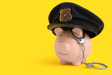 Piggy bank in policeman's hat with handcuffs on yellow background