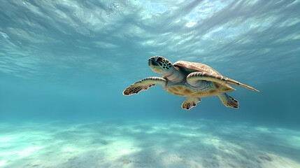 Obraz premium Underwater Sea Turtle Swimming In Tropical Waters