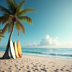 A serene beach scene with three surfboards leaning against a palm tree, set against a bright blue sky