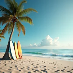 Fototapete Rund A serene beach scene with three surfboards leaning against a palm tree, set against a bright blue sky © BELLAMKONDA