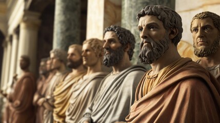 Naklejka premium Solemn assembly, Sculptures of dignitaries in a classical architectural setting