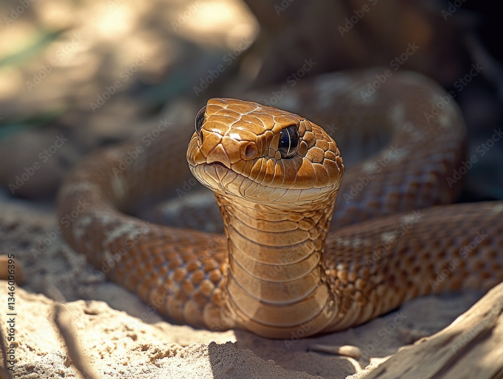 Poster a close-up view of a snake on the ground, its body curled and alert