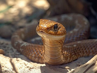 Fototapeta premium A close-up view of a snake on the ground, its body curled and alert