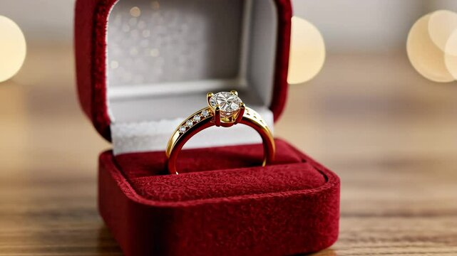 Close up of a gold engagement ring with diamonds in a red velvet box on a wooden surface