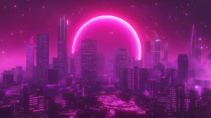 A futuristic cityscape beneath a glowing pink circular light source