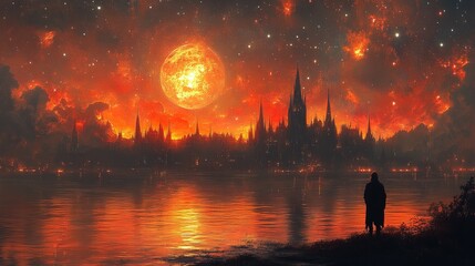 Fototapeta premium Eerie figure watches a skyline under an angry orange sky reflected in water
