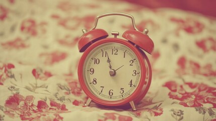 Vintage Red Alarm Clock on Floral Pattern Bedspread Background