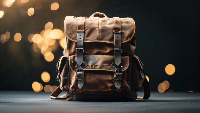 Vintage brown canvas backpack on display with a bokeh background, perfect for outdoor adventures or daily use