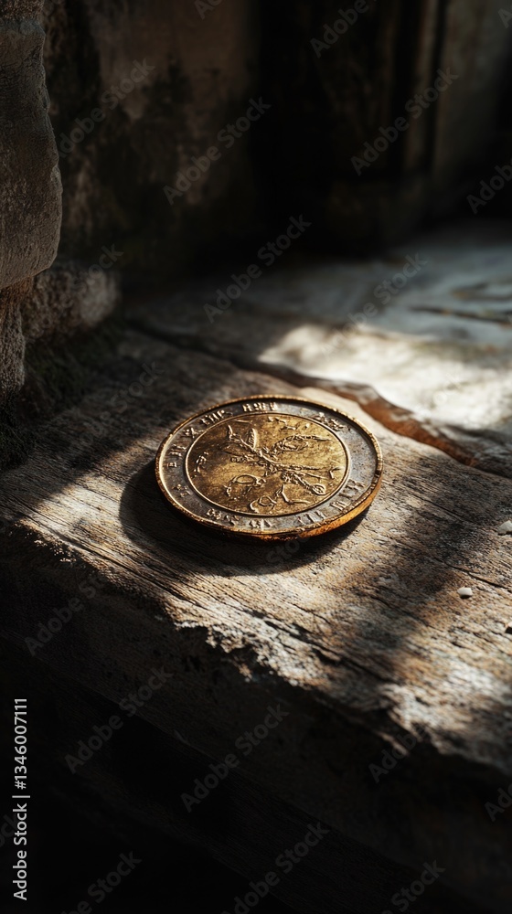 Poster a single coin sits on top of a wooden table, ready for use