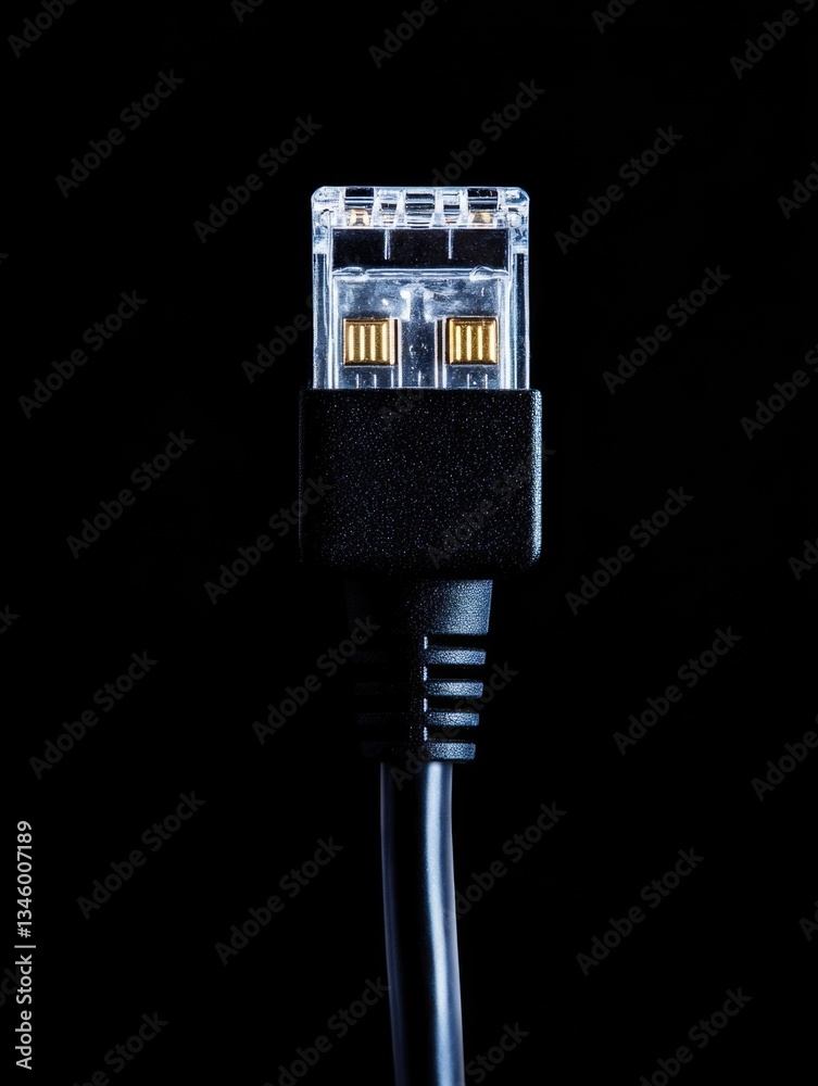 Poster a close-up shot of a black ethernet cable with connector ends