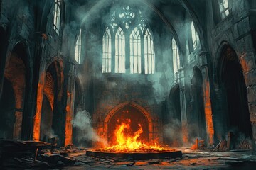 Fototapeta premium Ruined cathedral, fire