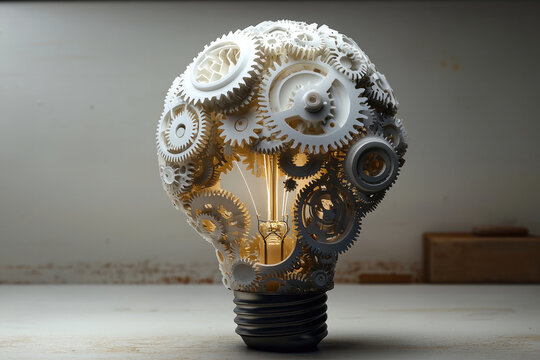 unique light bulb design featuring intricate gears and mechanical elements, symbolizing innovation and creativity. warm glow from bulb adds touch of warmth to industrial aesthetic