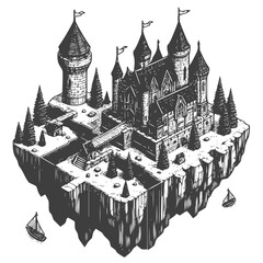 Obraz premium Fantasy-style medieval castle floating above the clouds on a small island