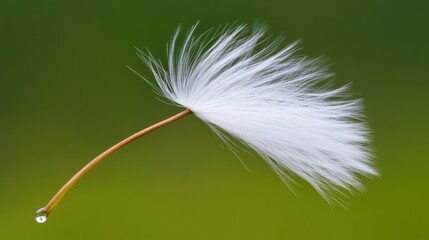 Obraz premium Close-up of a dandelion seed head with a water droplet, against a blurred green background.