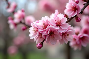 Fototapeta premium Delicate pink petals unfurl on a branch, showcasing the beauty of nature