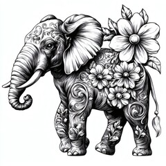 A black and white drawing of an elephant with flowers on its trunk and tail