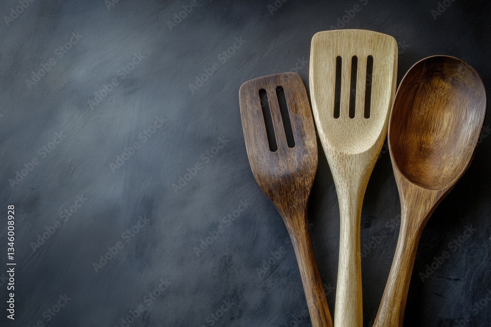 Poster close-up of three wooden utensils on a black background, ideal for use in design projects or as a pr