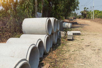 Prestressed concrete pipe piles placed in the construction area of ​​the drainage pipe installation project