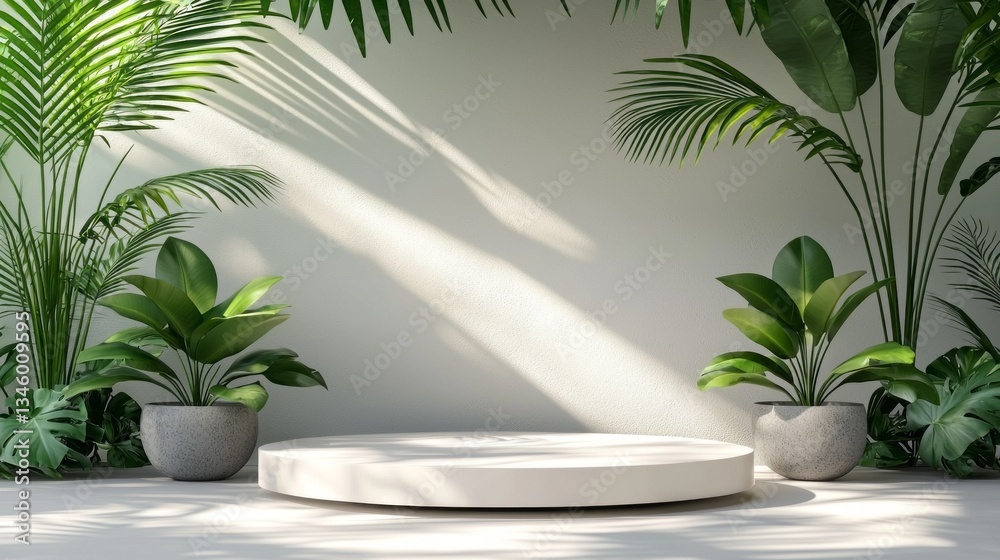 Poster soft sunlight filters through tall plants, casting gentle shadows across a smooth, circular platform