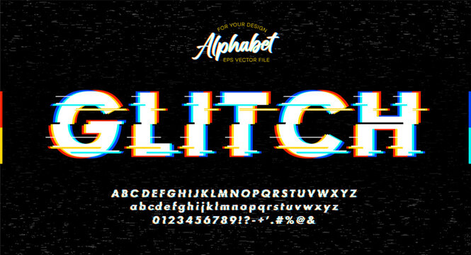 Futuristic digital distortion font and alphabet. Text with screen glitch VHS effect. Vector illustration