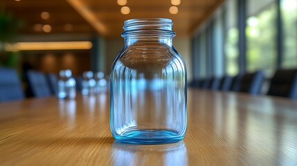 Empty glass jar on conference table.