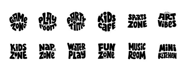 Black and White Hand-Drawn Kids Zone Text collection. Lettering Room Names