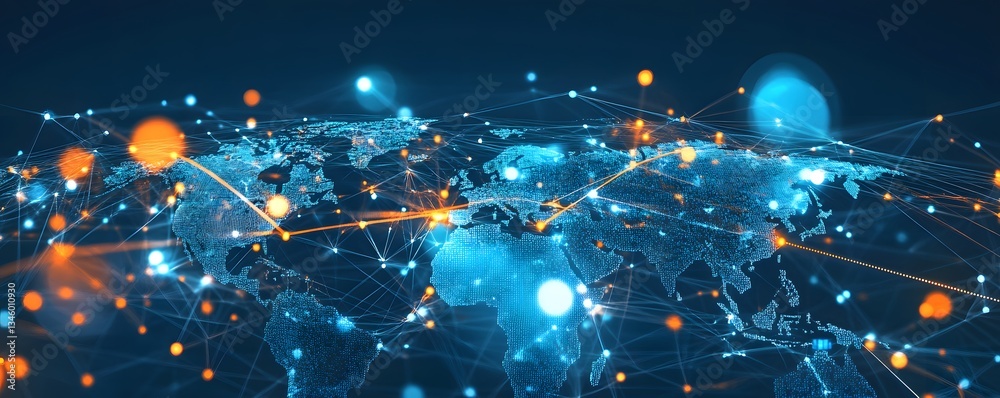 Poster Global network connecting world cities with data flowing across continents