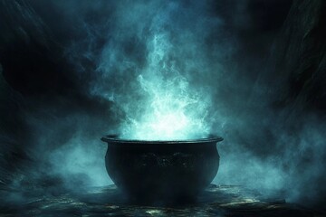Cauldron boiling with dark smoke and flames in a mystical setting at night