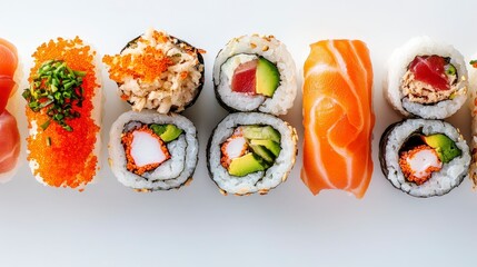 Food Advertising Concept: Sushi Rolls Set Isolated on White Background in Frontal View