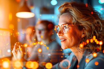 Smart Vision: A focused woman in eyeglasses observes data analysis in a high-tech office, filled with innovative ideas
