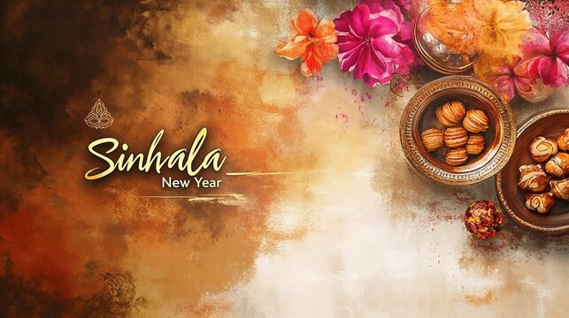 Stylish golden script "Sinhala New Year", watercolor-inspired background with warm earthy tones, traditional Sri Lankan motifs, and festive sweets