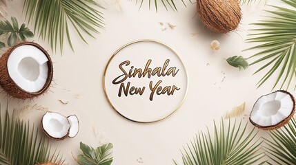 Minimalist golden typography "Sinhala New Year", warm beige background with delicate coconut leaves and festive cultural elements.