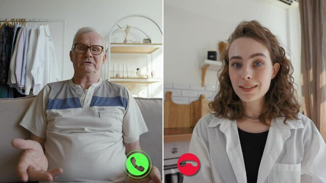 An online call takes place between two individuals in different locations. They appear focused and engaged in meaningful conversation while seated in their respective settings.
