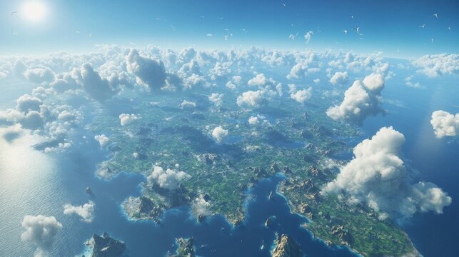 landscape of syrania, sky plane, a boundless expanse of blue skies dotted with large, floating cities inhabited by angels, dungeons and dragons eberron