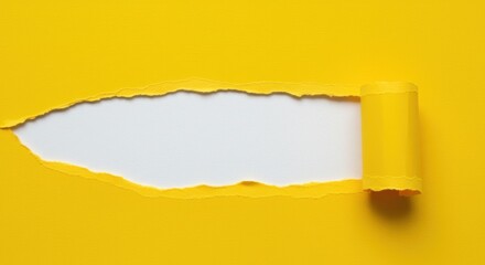 A bright yellow paper is being torn, revealing a clean white background beneath, with rough edges along the tear 03