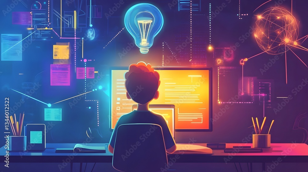 Aufkleber Programmer developing innovative software with futuristic interface and glowing light bulb representing ideas