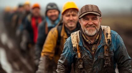 Fototapeta premium Man in a blue jacket and hat is smiling while standing in a muddy field