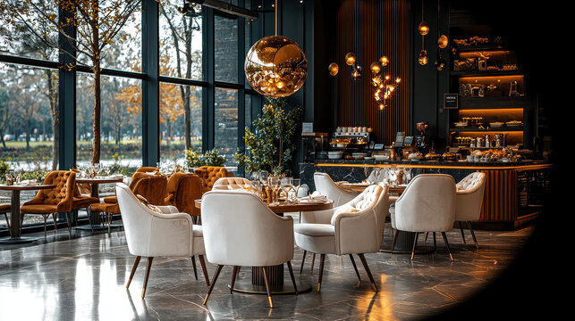 elegant restaurant interior with stylish seating and modern decor. The scene features comfortable chairs and a beautifully designed space