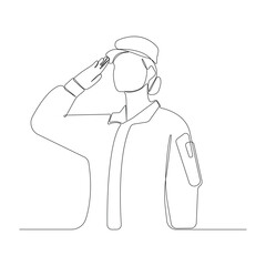 Female soldier saluting isolated line drawing. Veterans Day concept hand-drawn illustration.