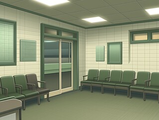 Empty hospital waiting room with green chairs and tiled walls.